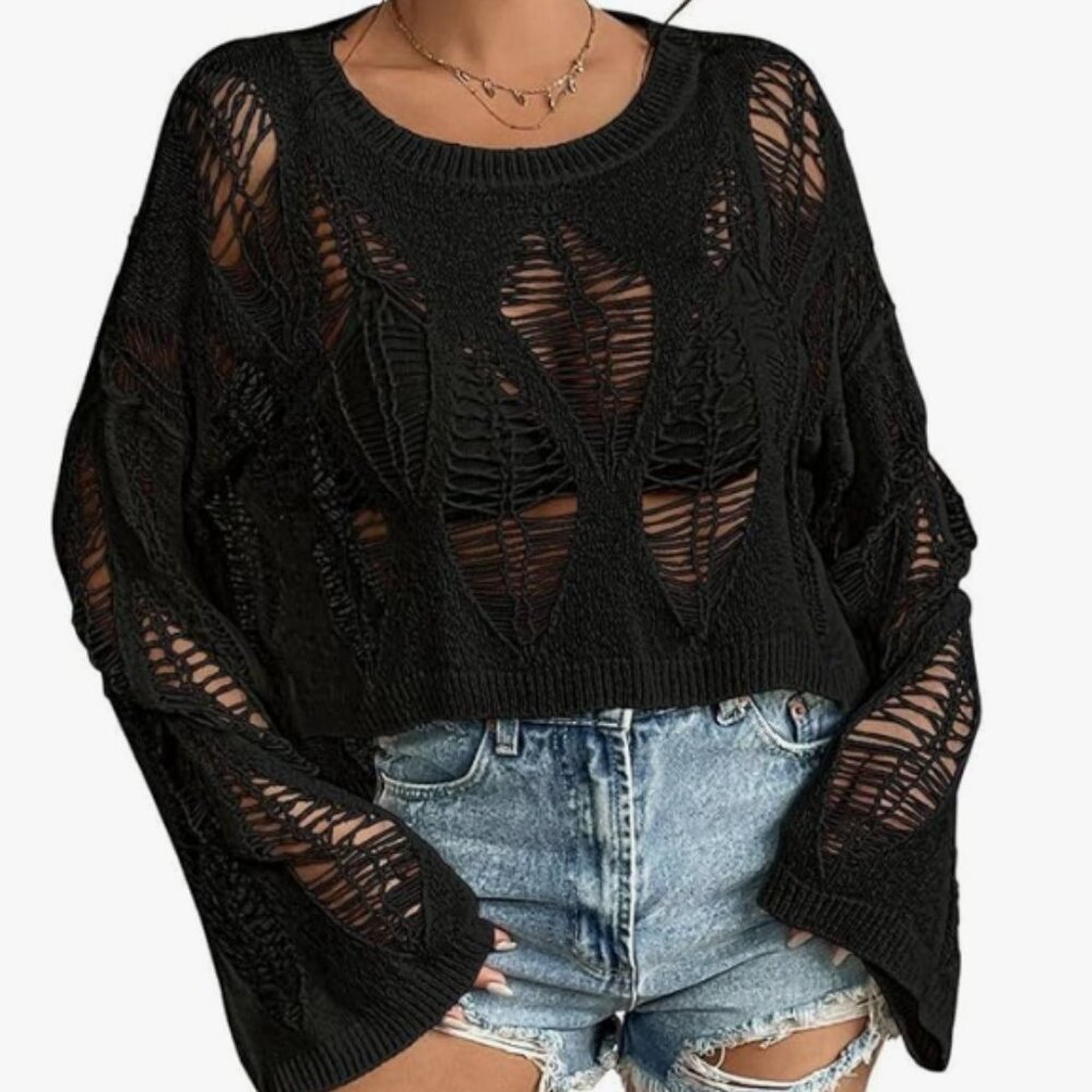 Women's Gothic Short Sweaters Oversized Punk Goth Sweater Long Bell Sleeve